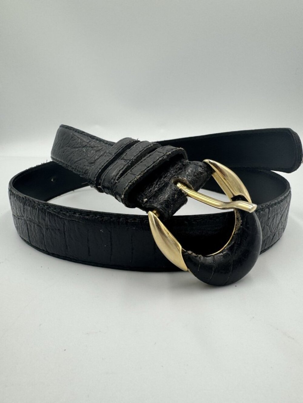 Pellateri Italian Croc Embossed Black Leather Skinny Dress Belt Women's 32"